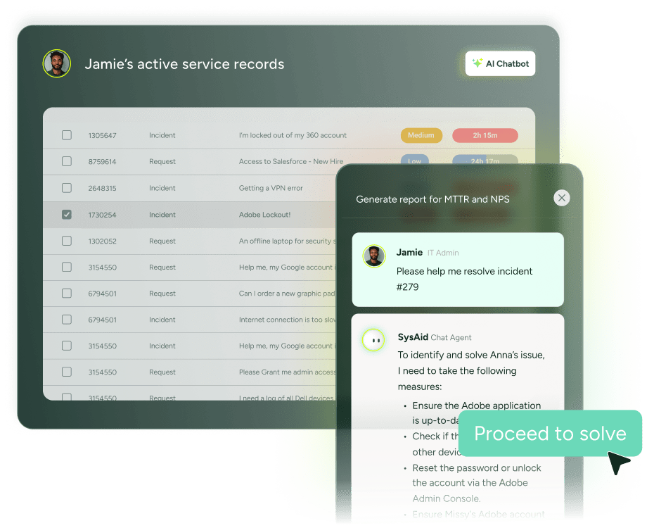 SysAid ITSM dashboard showing incident records and chatbot-assisted resolution for streamlined service management. - SysAid