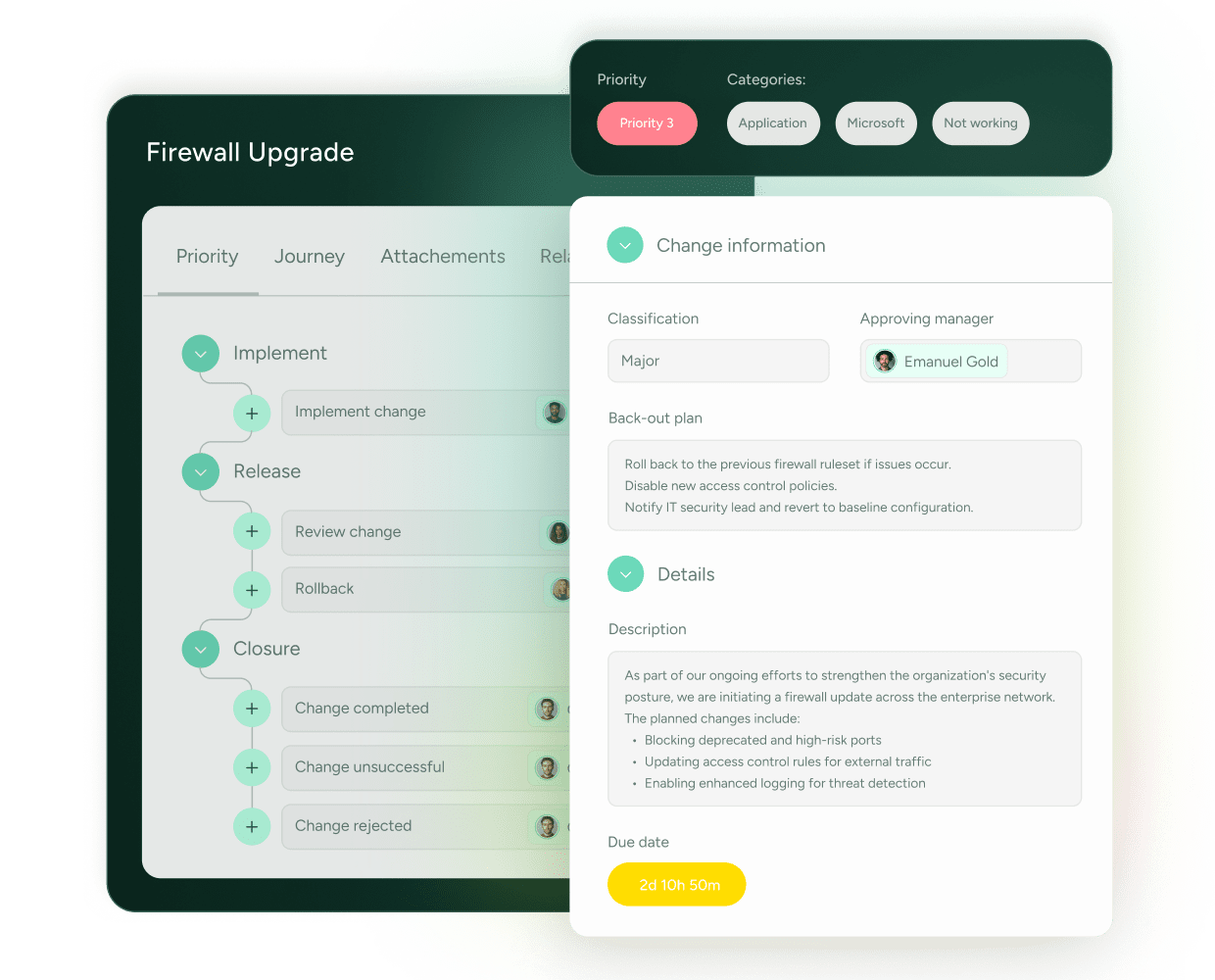 ITSM project dashboard in SysAid showing Firewall Upgrade task details, priorities, categories, and rollout status. - SysAid