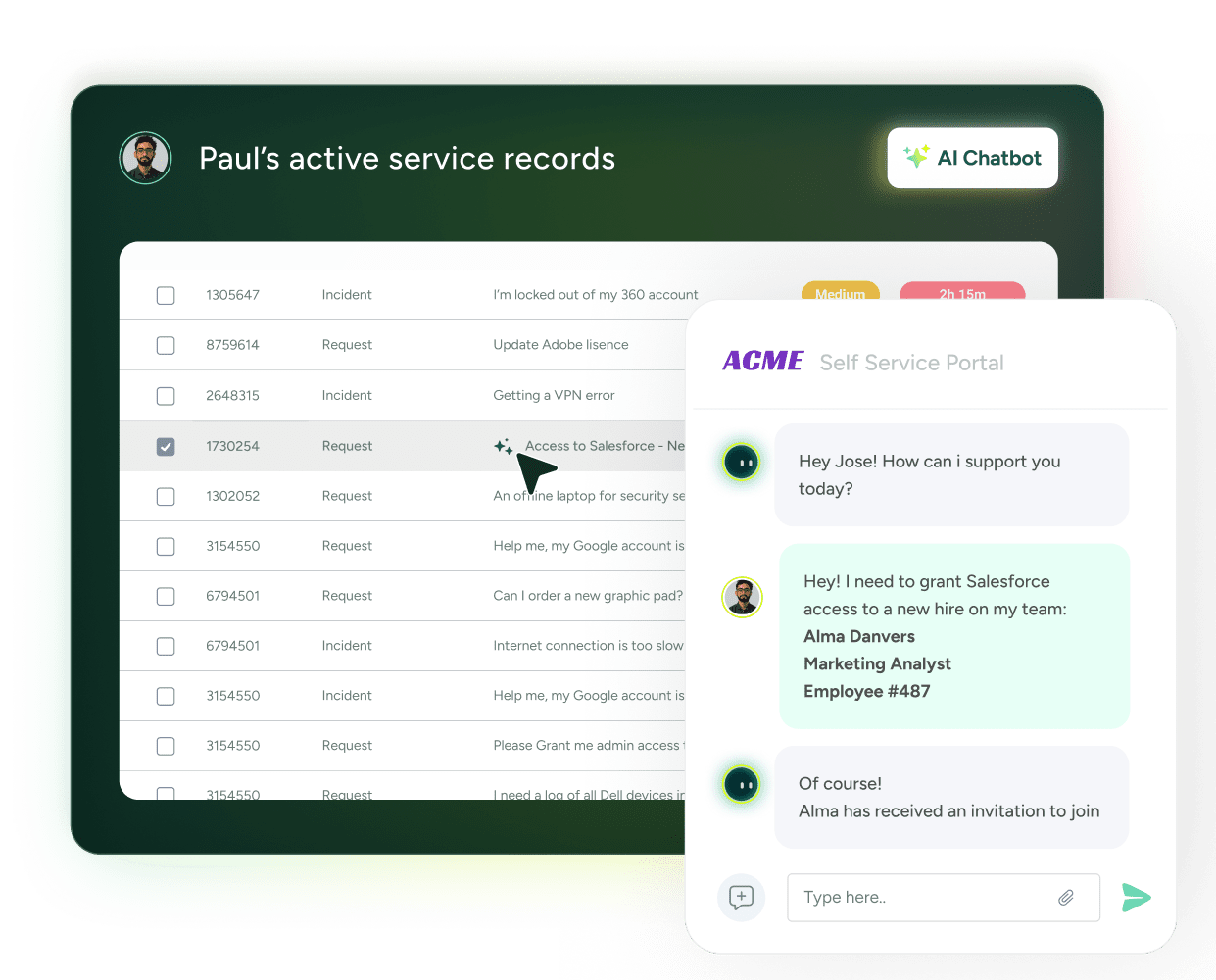 SysAid ITSM dashboard displays service records and a chatbot assisting with Salesforce access for a new hire. - SysAid